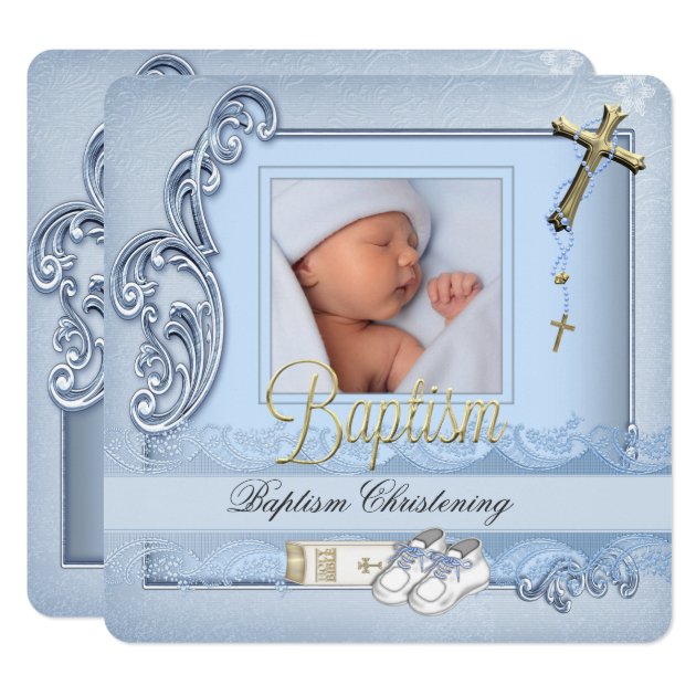 Baptism Blue Gold Cross Boy Christening Invitation