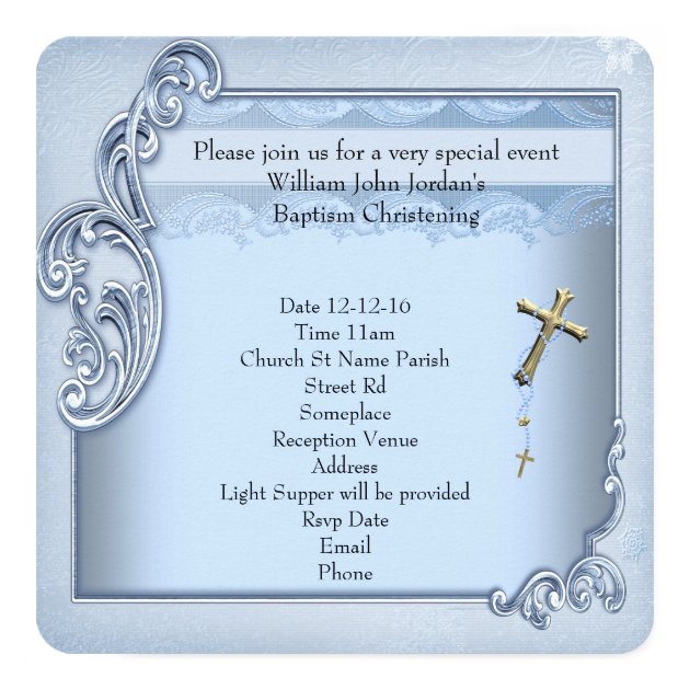 Baptism Blue Gold Cross Boy Christening Invitation