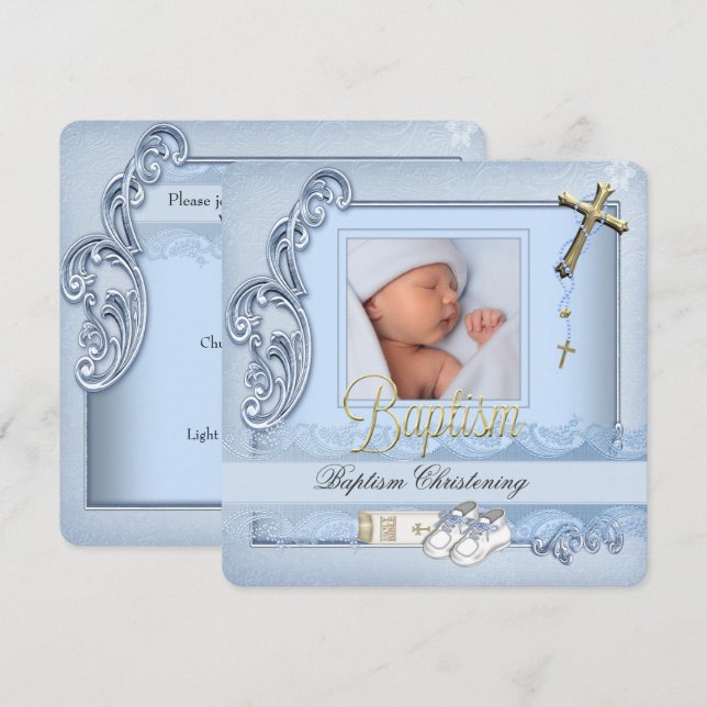 Baptism Blue Gold Cross Boy Christening Invitation (Front/Back)