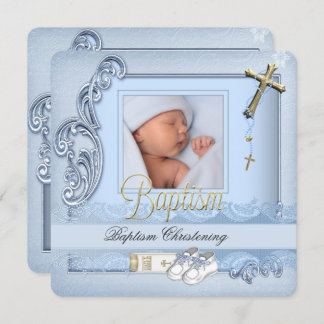 Baptism Blue Gold Cross Boy Christening Invitation