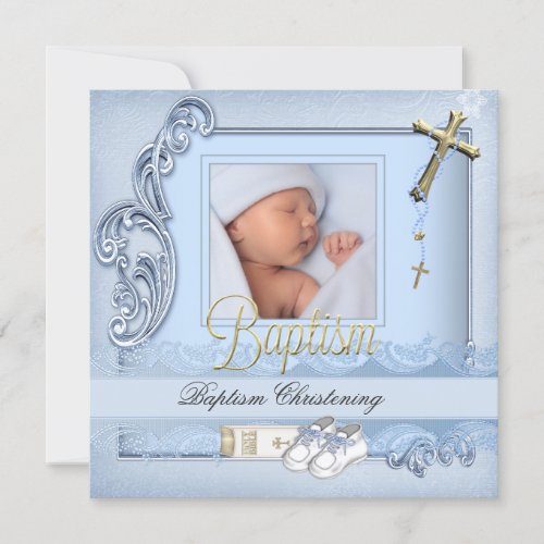 Baptism Blue Gold Cross Boy Christening Invitation