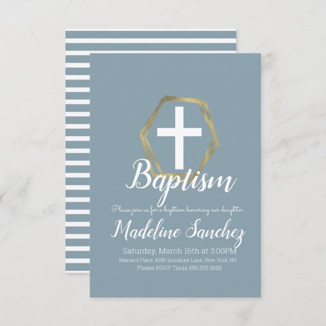 Baptism Blue Gold Dedication Christening Invitation (Front/Back)