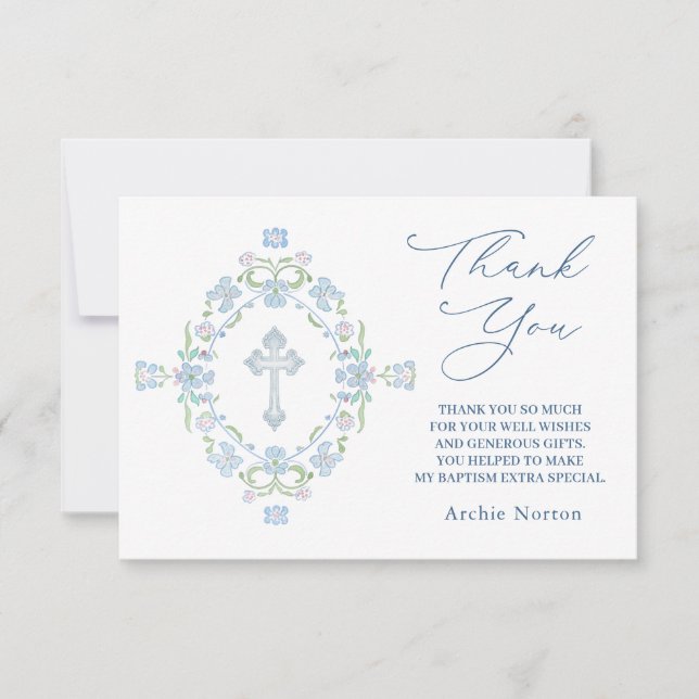 Baptism Blue Green Floral Thank You Card (Front)