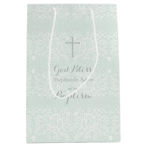 Baptism Blue Opal Delicate Floral Lace Medium Gift Bag