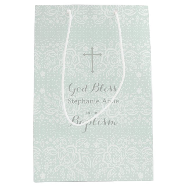 Baptism Blue Opal Delicate Floral Lace Medium Gift Bag (Front)