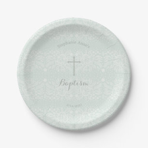Baptism Blue Opal Delicate Floral Lace Paper Plates