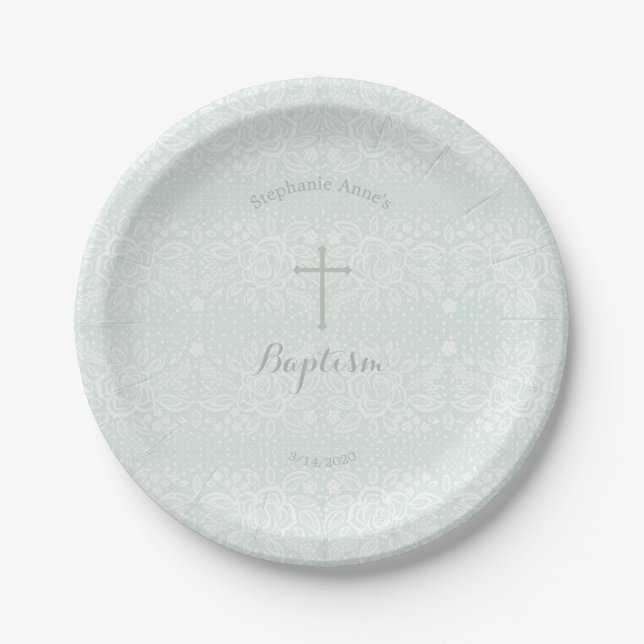 Baptism Blue Opal Delicate Floral Lace Paper Plates (Front)