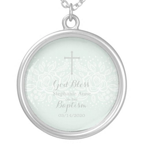 Baptism Blue Opal Delicate Floral Lace Silver Plated Necklace