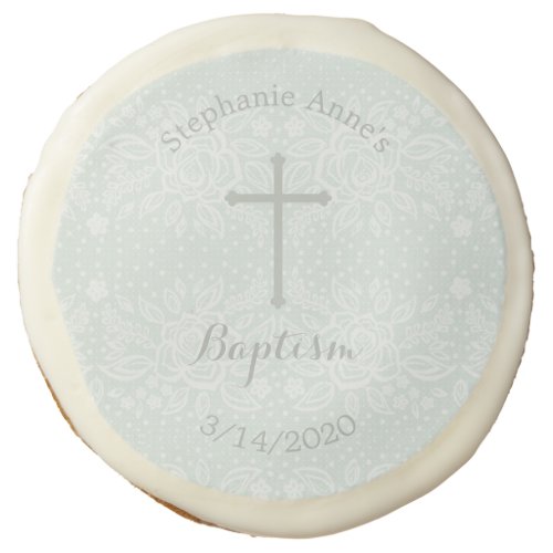 Baptism Blue Opal Delicate Floral Lace Sugar Cookie