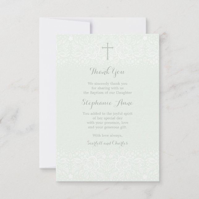 Baptism Blue Opal Delicate Floral Lace Thank You Card (Front)