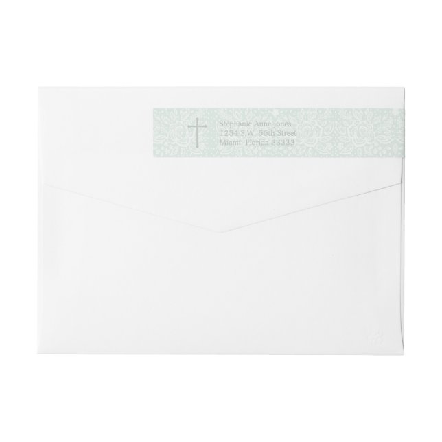 Baptism Blue Opal Delicate Floral Lace Wrap Around Label (Back)