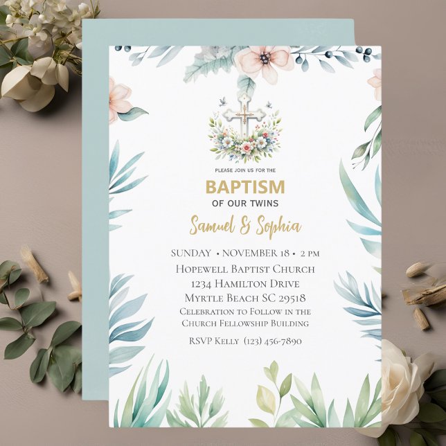  Baptism Blue Pink  Floral Cross Twins Invitation (Creator Uploaded)