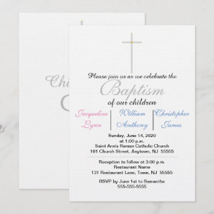 Baptism Blue Pink Triplets Invitation