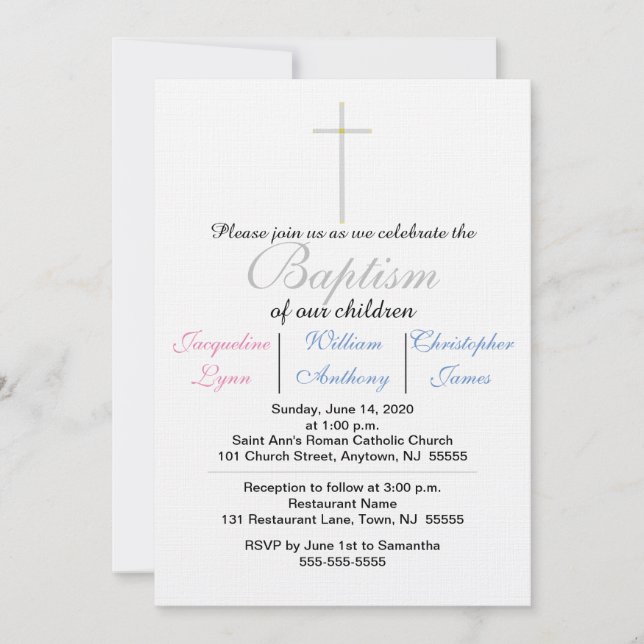 Baptism Blue Pink Triplets Invitation (Front)