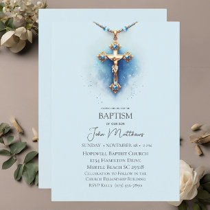 Baptism Blue Religious Cross Boys Invitation