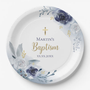 Baptism blue roses baby boy paper plates
