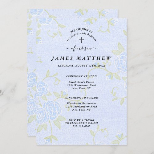 Baptism Blue Roses Floral Christian Invitation