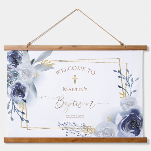 Baptism blue roses welcome sign hanging tapestry