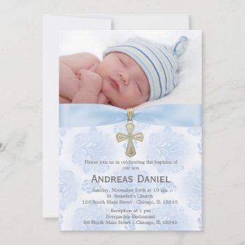 Baptism Blue Roses With Photo Invitation by graphicdesign at Zazzle
