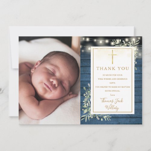 Baptism Blue Rustic String Lights Greenery Photo Thank You Card