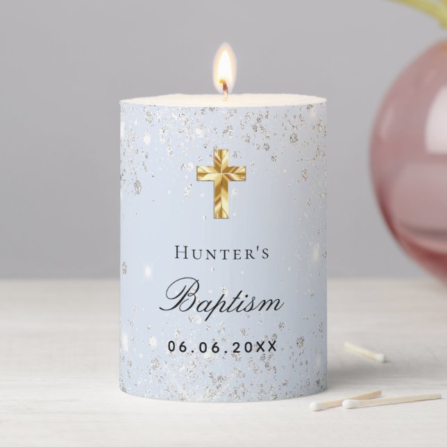 Baptism blue silver glitter dust name boy pillar candle (In Situ)