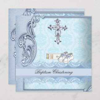Baptism Blue Teal Cross Boy Damask christening Invitation
