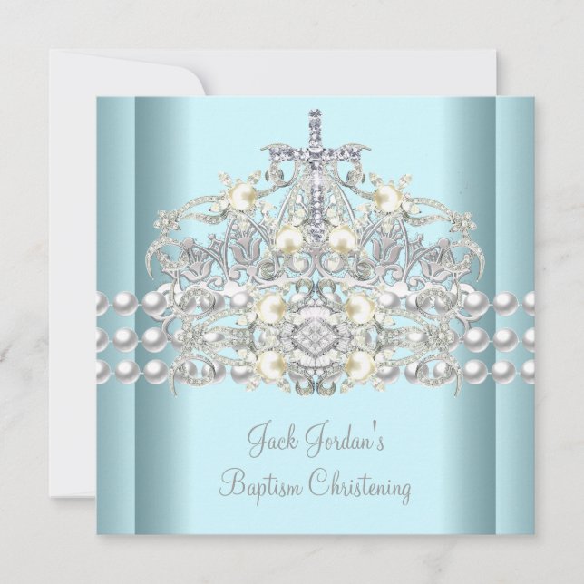 Baptism Blue Tiara Silver White Pearl Diamond Invitation (Front)