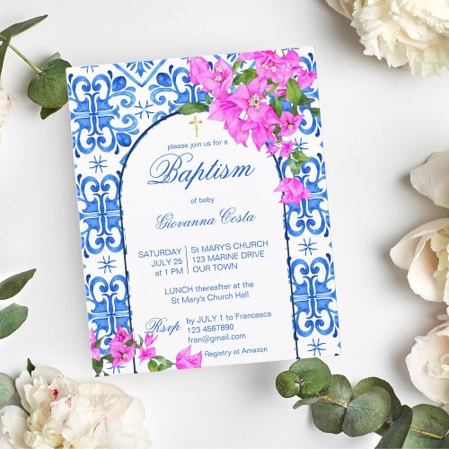 Baptism Blue Tiles Bougainvillea budget invitation