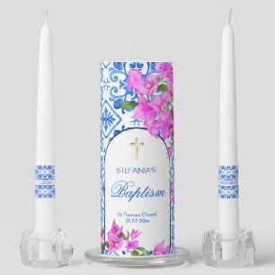 Baptism Blue Tiles Bougainvillea personalized Unity Candle Set