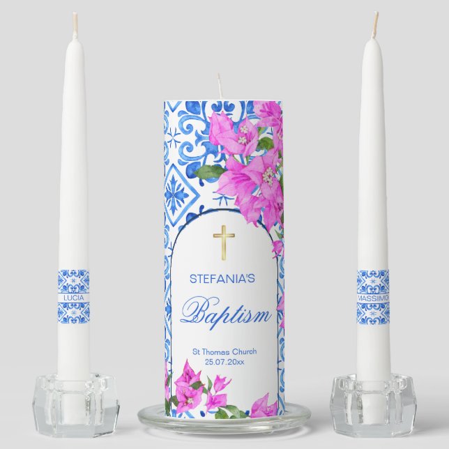 Baptism Blue Tiles Bougainvillea personalized Unity Candle Set (Front)