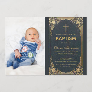 Baptism Blue Vintage Boy Photo Gold Cross & Script Invitation