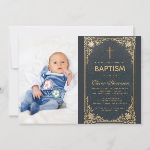 Baptism Blue Vintage Boy Photo Gold Cross  Script Invitation