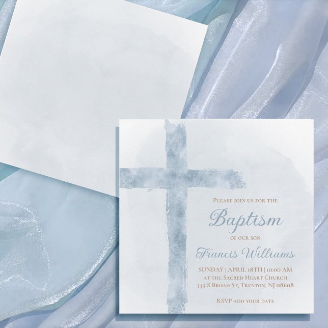 Baptism blue watercolor cross small invitation (Creator Uploaded)