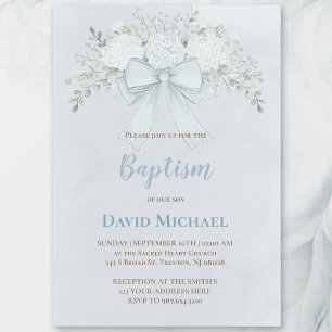 Baptism blue watercolor floral bow invitation