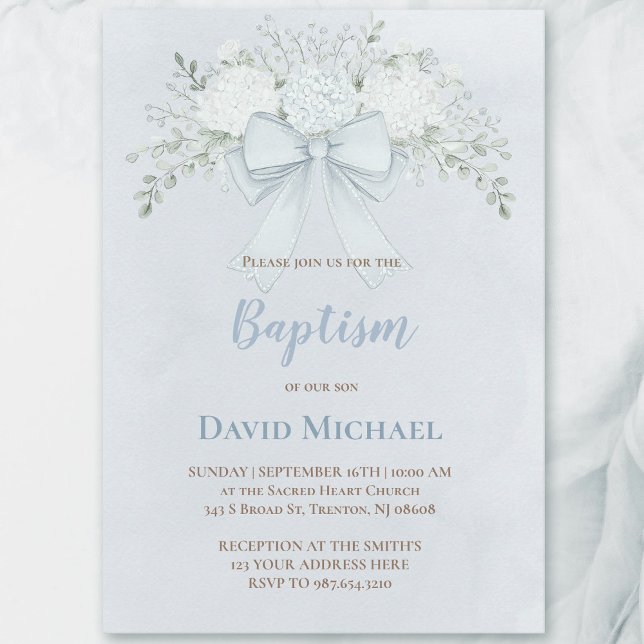 Baptism blue watercolor floral bow invitation (Creator Uploaded)