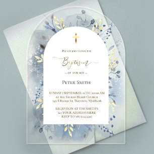 Baptism blue watercolor foliage acrylic invitations