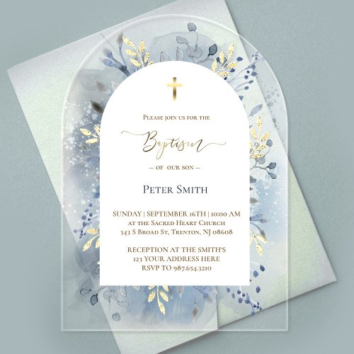 Baptism blue watercolor foliage acrylic invitations