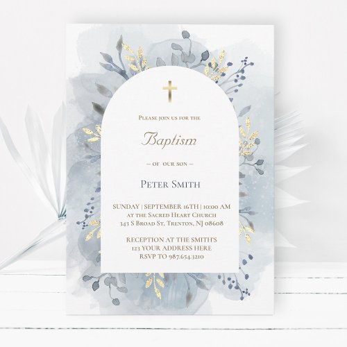 Baptism blue watercolor foliage  invitation