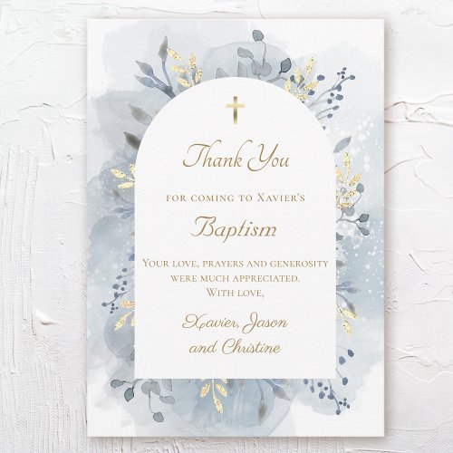 Baptism blue watercolor foliage thank you card