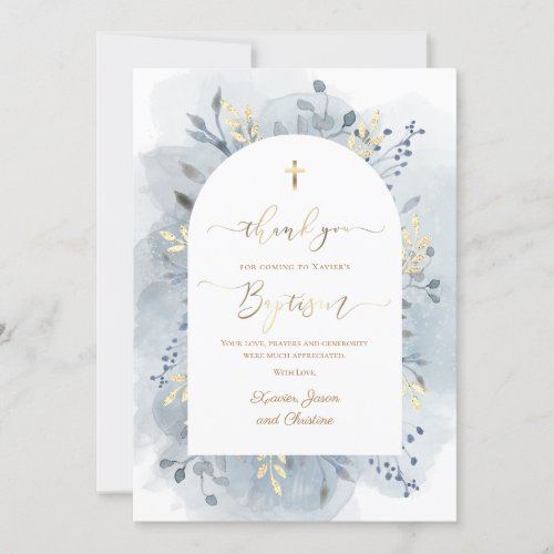 Baptism blue watercolor foliage thank you card