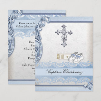Baptism Blue White Cross Boy Damask christening Invitation