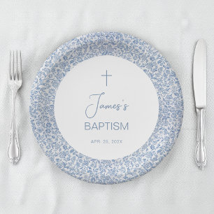 Baptism Blue White Floral Pattern Boy Christening Paper Plates