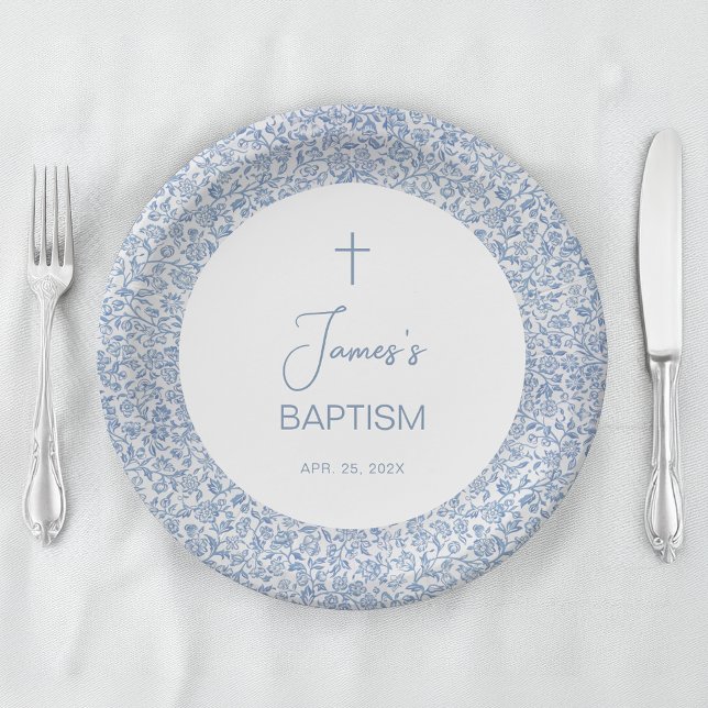 Baptism Blue White Floral Pattern Boy Christening  Paper Plates (Creator Uploaded)