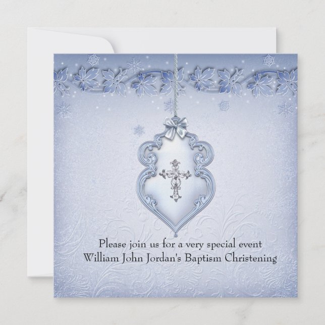 Baptism Blue White Lace Jewel Cross Boy damask Invitation (Front)