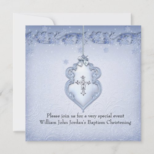 Baptism Blue White Lace Jewel Cross Boy damask Invitation