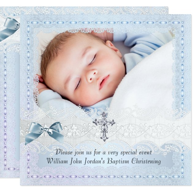 Baptism Blue White Lace Photo Jewel Cross Boy 2 Card