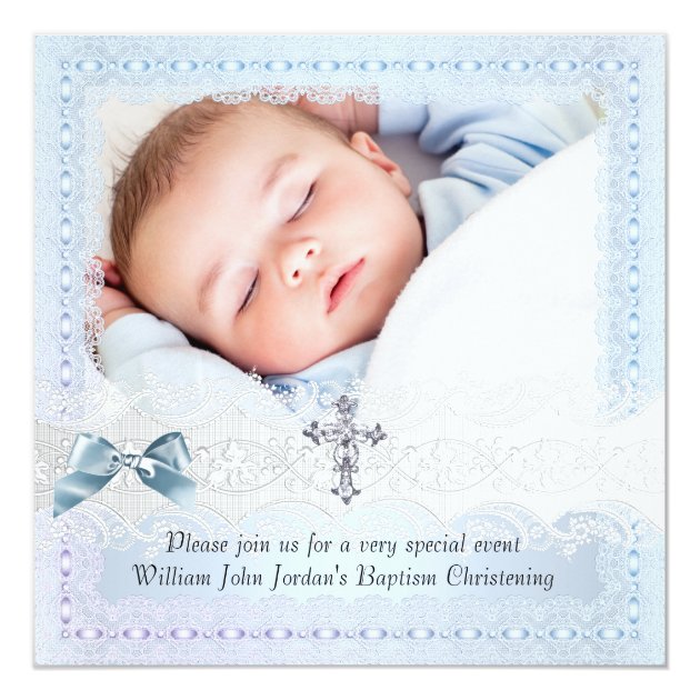 Baptism Blue White Lace Photo Jewel Cross Boy 2 Card