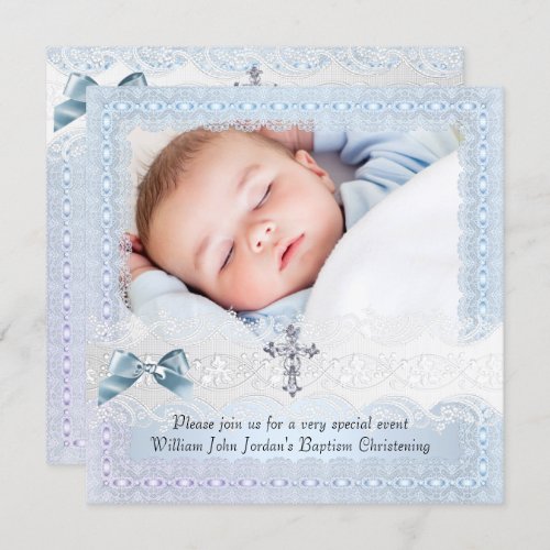 Baptism Blue White Lace Photo Jewel Cross Boy 2 Invitation