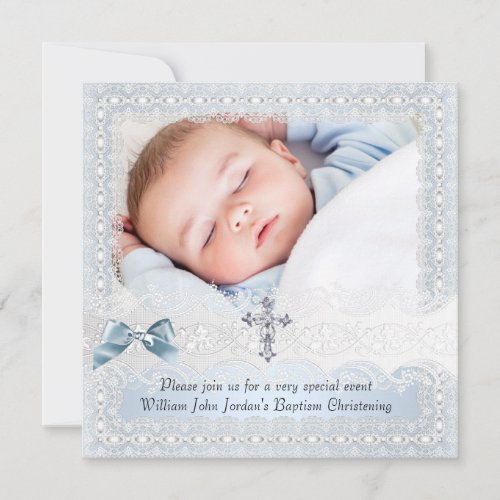 Baptism Blue White Lace Photo Jewel Cross Boy 3 Invitation