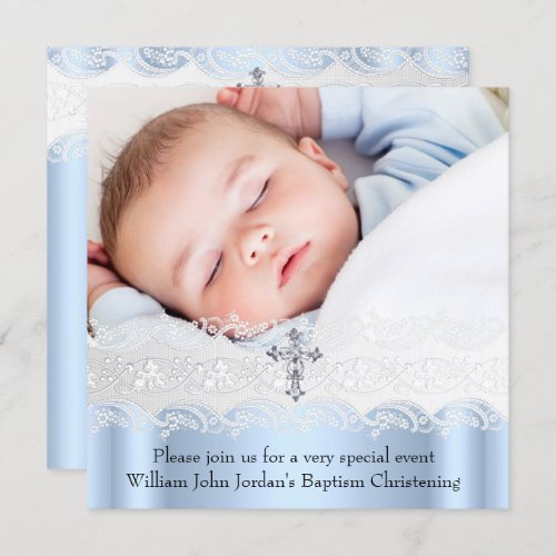 Baptism Blue White Lace Photo Jewel Cross Boy Invitation